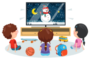 Three children watching a snowman on TV